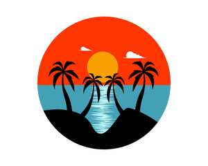 Beach scenery logo design with palm trees silhouette, beach, sunset and clouds. Suitable to use for travel or holiday content.