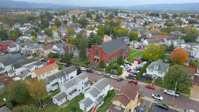 Drone view of a church in Wilkes-Barre PA during a wedding