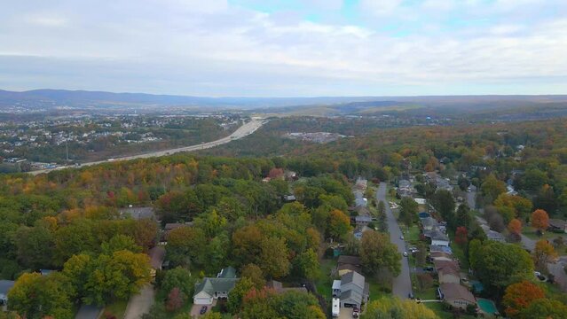 A drone shot of Wilkes Barre in the fall time