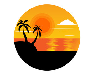 Beautiful Beach scenery logo design with palm trees silhouette, beach, sunset and clouds. Suitable to use for travel or holiday content.