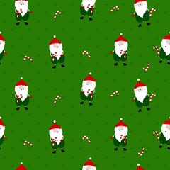 Funne dwarf with hat and candy cane. Seamless christmas pattern.