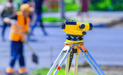 Theodolite level instrument of geodetic equipment during road construction works, reconstruction,...