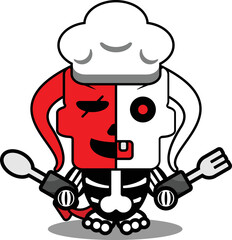 vector illustration of cartoon red devil bone mascot character halloween skull cute chef