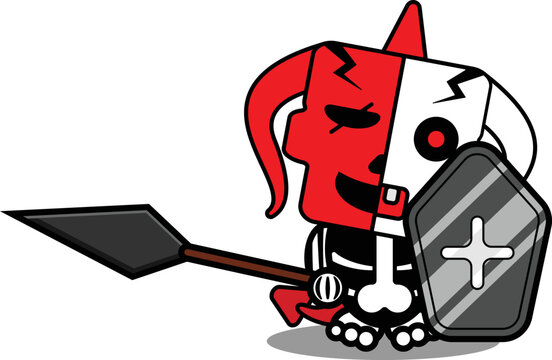 halloween cartoon red devil bone mascot character vector illustration cute skull holding spear and shield