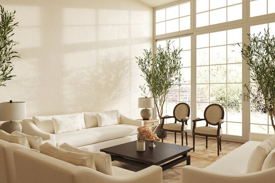 Vintage classic living room interior design. Room in light pastel colors. Scandi-Boho style. 3d render illustration.