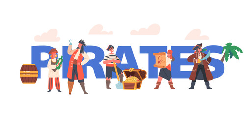 Fototapeta premium Children Pirates Concept. Funny Kids in Traditional Costumes, Captain with Parrot, Picaroon Character with Treasure Map
