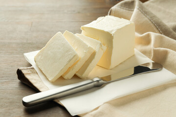 Concept of breakfast, eat food with butter, close up