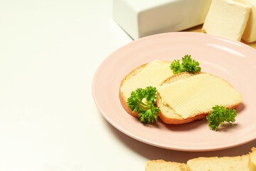 Concept of breakfast, eat food with butter, space for text