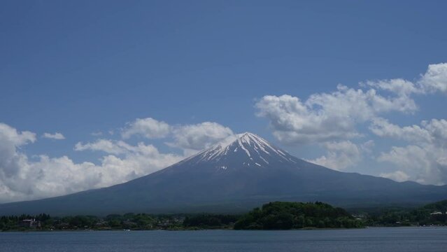 青い空からティルトダウンした富士山と河口湖