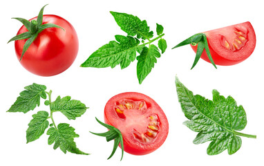 Tomato collection with leaves isolated on white background. Tomato set Clipping Path. Tomato macro studio photo