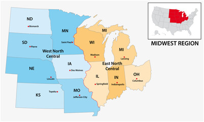 Administrative vector map of the US Census Region Midwest