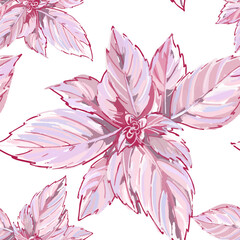 Seamless pattern. Pink leaves on a white background. Basil. Endless wallpaper in a gentle style. Watercolour. Vector.