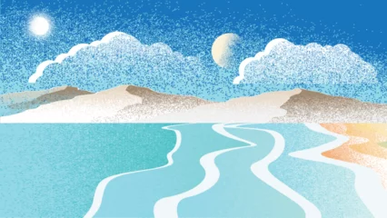 Gordijnen Oceaan, bergen, zon, golven en zandstrand. Zomer landschap. Vectorillustratie. © miloje