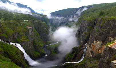 Fototapeta na wymiar Vøringfossen highest waterfall iconic scenery from Norway panorama view