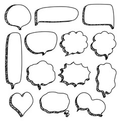 collection set of hand drawn 3D blank speech bubble balloon, think, speak, talk, text box banner, black and white color, flat design vector illustration