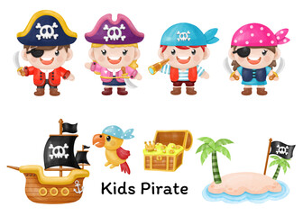 Kids pirate captain and sailor characters, Watercolor Clipart