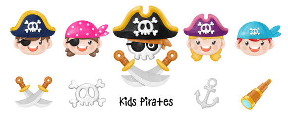 Kids pirate captain and sailor characters, Watercolor Clipart