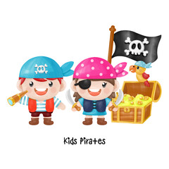 Kids pirate captain and sailor characters, Watercolor Clipart