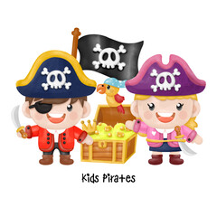 Kids pirate captain and sailor characters, Watercolor Clipart