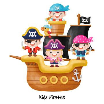 Kids pirate captain and sailor characters, Watercolor Clipart