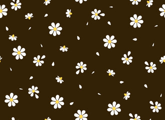 Daisies and petals on a brown background seamless pattern. Ideal for printing on fabric and paper.Chamomile flowers. Vector background. 