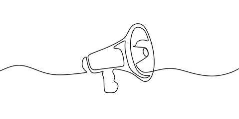 Public horn speaker in One continuous line drawing. Megaphone announce symbol of marketing promotion in simple linear style. Business concept for attention and job offer. Doodle vector illustration - obrazy, fototapety, plakaty