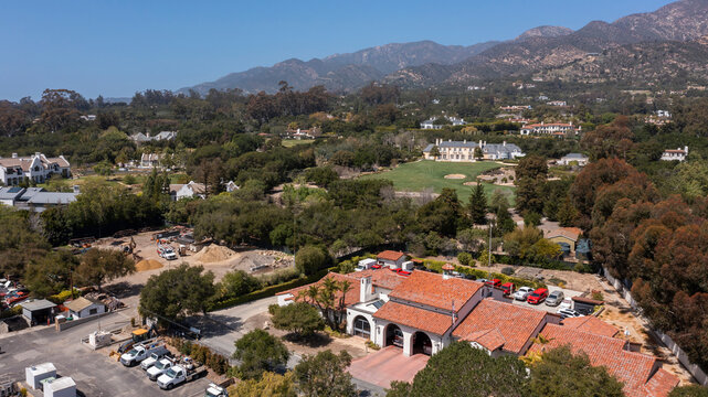 Daytime aerial view of downtown Montecito, California, USA.