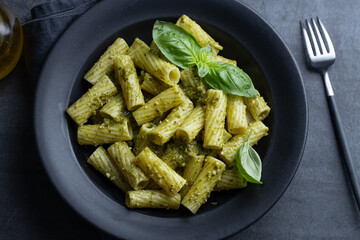 Pasta pesto and pea sauce served in bowl