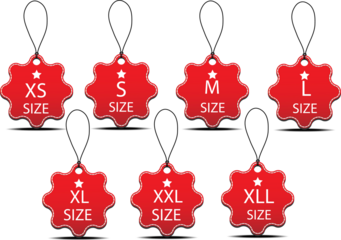 Collection of clothing size labels or price tags on white background, vector illustration