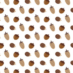 Oak seed and pine cones pattern on transparent background.