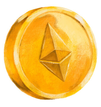 ethereum cryto gold coin with symbol currency hand drawn illustration