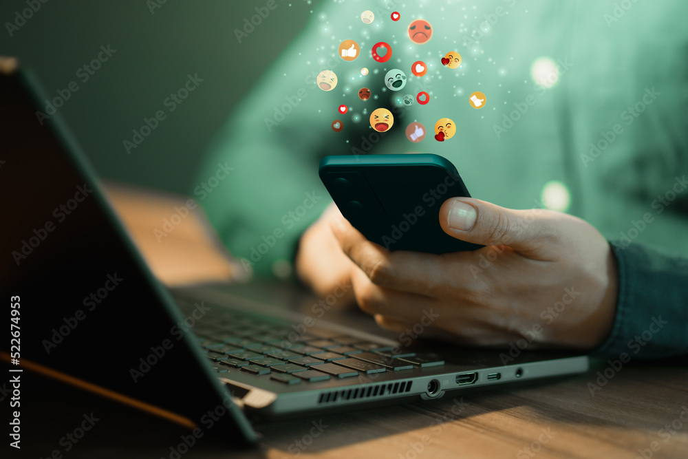 Poster Man hand using smartphone typing live chat chatting on application communication digital web and social network concept. Social media application chat box.