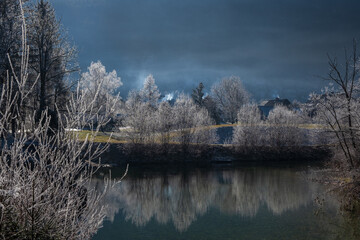 Winter morning on the lake. Triglav National Park. Julian Alps in Slovenia, Europe