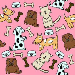 Vector seamless pattern with cute dogs isolated on pink. Animal pattern for kids textile, nursery decor, fabric