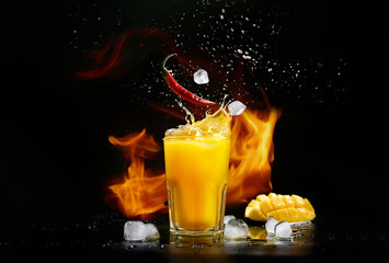 Mangonada Mexican mango smoothie with chamomile sauce and chili lime spice. Mango and chili pepper cocktail on a black background. Ice cubes fall into a glass with mangonada - Powered by Adobe