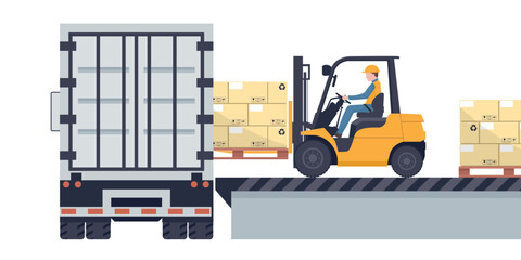 Worker driving a forklift loading a pallet with stacked boxes to a refrigerator truck. Industrial storage and distribution of products - obrazy, fototapety, plakaty