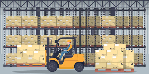 Industrial warehouse for the storage of export products with boxes and racks with stacked boxes. Worker driving forklift loading pallets. Industrial storage and distribution of products © Ipajoel