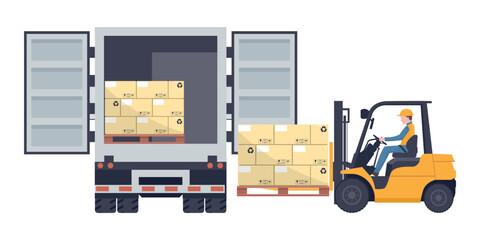 Worker driving a forklift loading a pallet with stacked boxes to a refrigerator truck. Industrial storage and distribution of products © Ipajoel