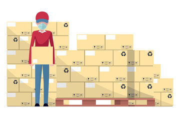 Worker loading a box from a pallet with boxes stacked in warehouse for delivery. Industrial storage and distribution of products.