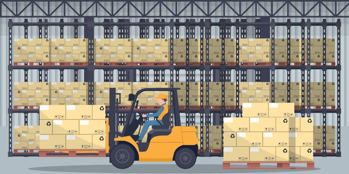 Industrial warehouse for the storage of export products with boxes and racks with stacked boxes. Worker driving forklift loading pallets. Industrial storage and distribution of products