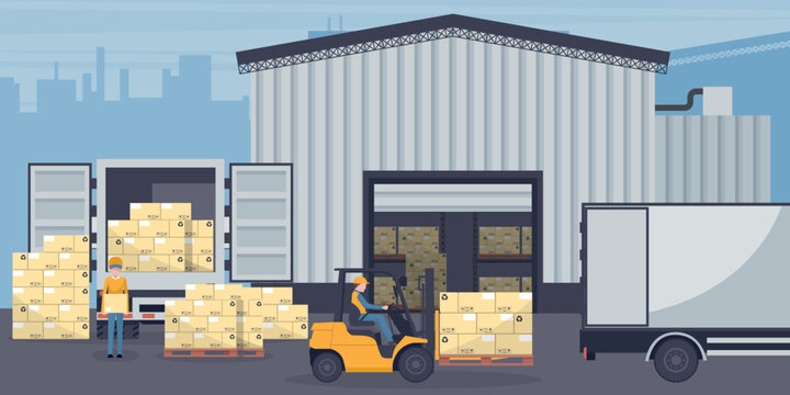 Industrial warehouse for the storage of products with racks with stacked boxes. Worker driving forklift loading pallets a refrigerator truck. Industrial storage and distribution of products