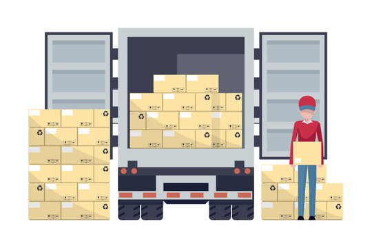 Worker loading a box from a pallet with stacked boxes in warehouse to a refrigerator truck. Industrial storage and distribution of products