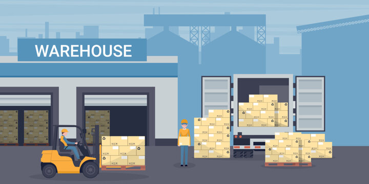 Industrial warehouse for the storage of products with racks with stacked boxes. Worker driving forklift loading pallets a refrigerator truck. Industrial storage and distribution of products