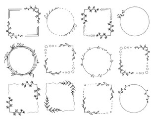 Set of square and circle floral empty frame with branches and flowers. Elegant herbs or blossoms. Vector botanical outline borders set