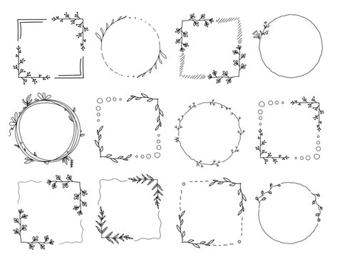 Set of square and circle floral empty frame with branches and flowers. Elegant herbs or blossoms. Vector botanical outline borders set