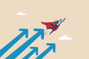 Growth for success, professional or expert to grow business, career development or leadership, winner motivation concept, businessman superhero flying high in the sky with growth rising up arrows. © Nuthawut