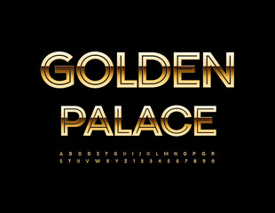 Vector premium banner Golden Palace. Creative luxury Font. Elite Alphabet Letters and Numbers set