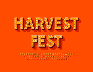 Vector autumn flyer Harvest Fest. Orange lightbulb Font. Bright Lamp Alphabet Letters and Numbers set