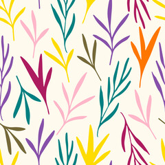 Naklejka premium Bright floral vector seamless pattern. Multi-colored leaves of twigs on a light background. For printing fabrics, textile products. Spring summer collection.