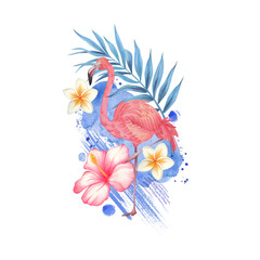 Fototapeta premium Watercolor tropical postcard with pink flamingo, tropical flowers and blue watercolor spots.Hand-painted birds, foliage and flowers stand out against a white background.Floral illustrations for design